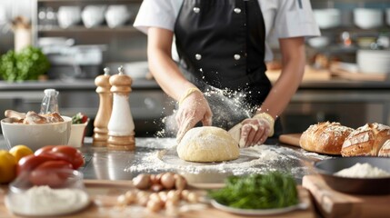 A skilled chef kneading fresh dough on a wooden counter with ingredients around in a bright kitchen.