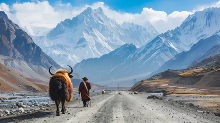 Crédence de cuisine en verre imprimé Alpes Yak and herdsman walking on Karakoram Highway in the