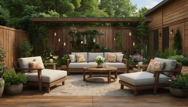 Step into your dream backyard oasis with our AI-generated image of a rustic patio furniture set nestled on a wooden deck surrounded by lush greenery and vibrant flowers