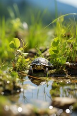 Fototapeta premium Beautiful land turtle in green grass habitat near tranquil puddle wildlife scenery