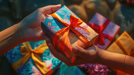 Fototapeta na wymiar A close-up of hands exchanging gifts wrapped in colorful paper, symbolizing the spirit of generosity during Eid Mubarak. 8K.