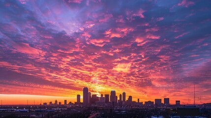 Beautiful sunset over the city. Dramatic sky over the city.