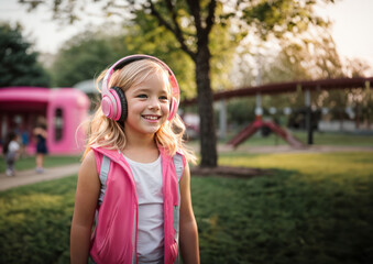 Girl in pink jacket listening music in headphones - 752197279