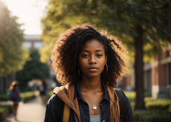Confident young black woman student on campus