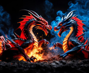 Two dragons roaring and fighting in fire