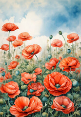Vibrant watercolor poppies in a meadow landscape - 752197679