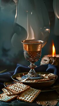 Jesish kiddush wine cup for passover with matzot, matzo bread. Pesah holiday. Banner with copy space. Christian communion concept for reminder of Jesus sacrifice. Easter passover 4K Video