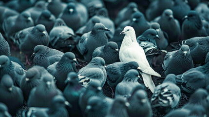 Obraz premium Stand Out in the Crowd: Solitary White Pigeon Among Grey. Generative ai