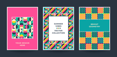 Collection of three trendy vector bright cards with patterns assembled from squares with geometric ornament.