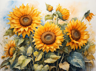 Watercolor painting of a bunch of sunflowers - 752197827