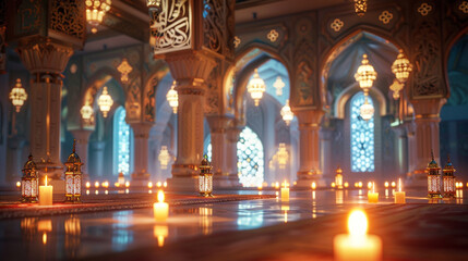 Fototapeta na wymiar A cozy indoor scene with soft candlelight illuminating a beautifully decorated mosque interior, creating an inviting ambiance for Ramadan gatherings. 8K.