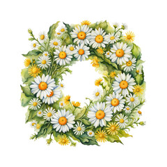 Watercolor floral wreath with daisies and greenery - 752197884