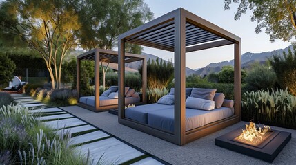 A luxurious outdoor lounge space with sleek daybeds and modern fire features, ideal for stargazing nights.