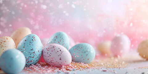 Pastel Easter eggs adorned with glitter, amidst a confetti shower, suggesting joy. Suited for vibrant, playful holiday visuals