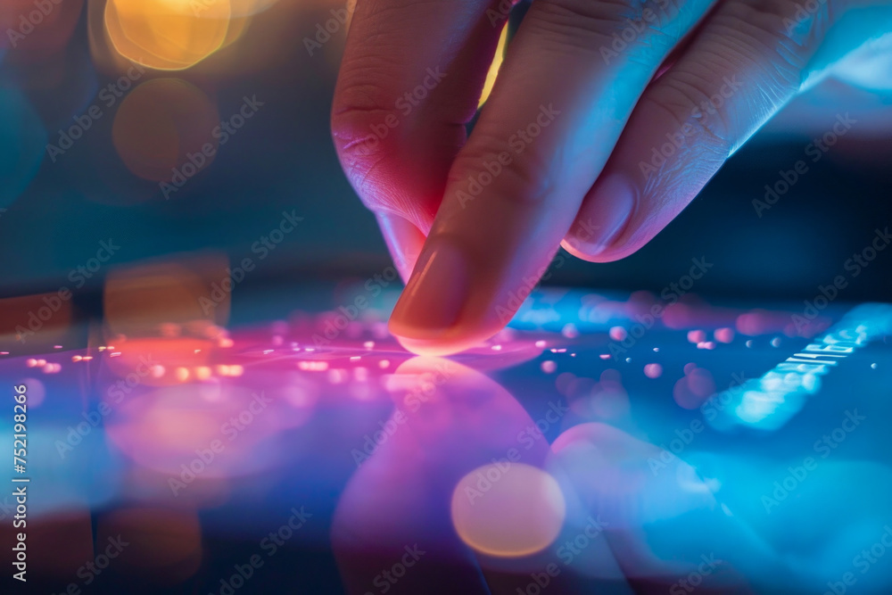 Poster futuristic touchscreen interface interaction. generative ai