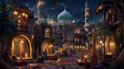 Tuinposter A cozy village setting with traditional houses surrounding a central mosque, adorned with intricate patterns, creating a charming backdrop for Ramadan celebrations. 8K. © Rafay Arts