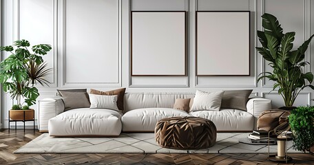 mockup realistic wooden minimal frame on white wall in  modern style living room - obrazy, fototapety, plakaty
