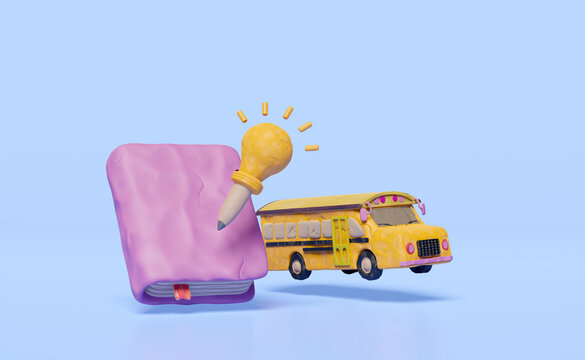 3d textbook plasticine, close book with school bus, light bulb, pencil clay isolated on blue. idea tip education, knowledge creates ideas, clay toy icon concept, 3d render illustration, clipping path