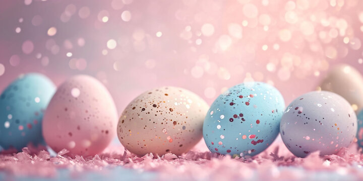 Pastel Easter eggs adorned with glitter, amidst a confetti shower, suggesting joy. Suited for vibrant, playful holiday visuals