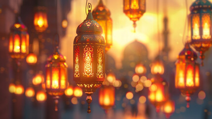 A dynamic shot showcasing a group of Islamic lanterns suspended in mid-air, creating a mesmerizing...