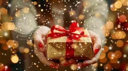 Fototapeta na wymiar Woman's Hand Holding Christmas and New Year Gift Box on Festive Background