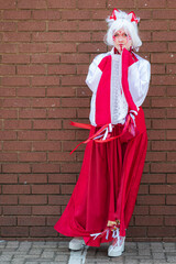 Fototapeta na wymiar Female cosplayer in a cat priestess outfit at Comic Con