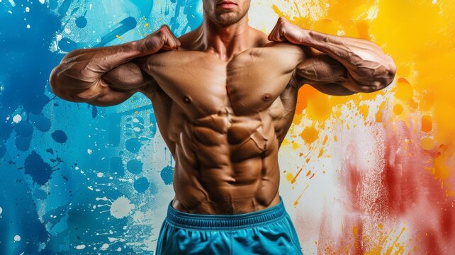 Colorful collage of muscular male athlete with raised arms. Fitness, healthy lifestyle, bodybuilding and diversity concept. Poster background painted with rainbow colors.