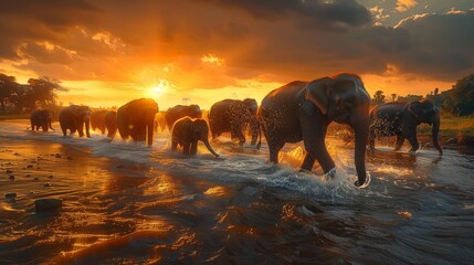 Fototapeta na wymiar Elephants at Sunset. A tranquil scene of a herd of elephants crossing a river during a golden sunset.