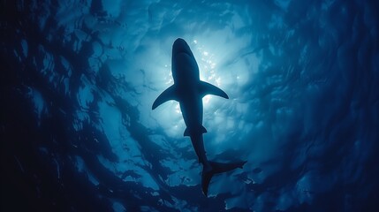 Silhouetted Shark Underwater with Sun Rays. Majestic shark silhouette swims below the ocean surface, caressed by beams of sunlight piercing the blue water. - obrazy, fototapety, plakaty