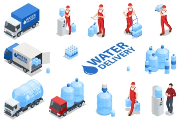 Fotobehang Isometric water delivery man, cooler with water bottle. Truck carrying plastic containers of drinking water © Golden Sikorka