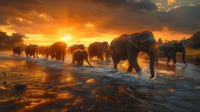 Elephants at Sunset. A tranquil scene of a herd of elephants crossing a river during a golden sunset.