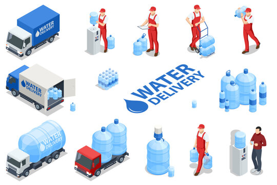 Isometric water delivery man, cooler with water bottle. Truck carrying plastic containers of drinking water