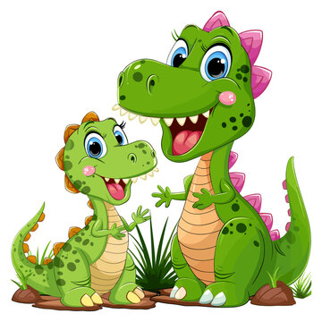 A Cute cartoon big sister and little sister dinosaurs Vector Illustration, green dragon
