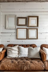 Gallery wall mockup in simple wooden vintage wall in living room for wall art and painting 