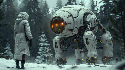 Fototapeta premium Snowy Encounter, a man in a cloak faces a large robot with blur and bokeh effect