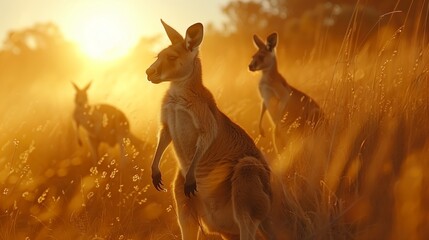 Kangaroos in Golden Sunset Light. As the sun sets in the Australian outback, kangaroos bask in the golden light, creating a peaceful natural scene.