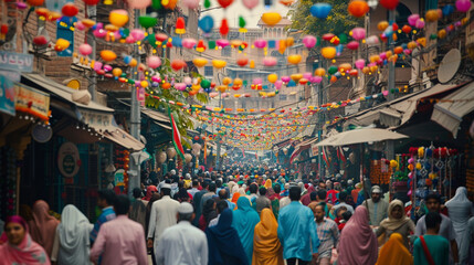 A joyous procession of people marching through decorated streets, celebrating Eid Mubarak with fervor. 8K. - obrazy, fototapety, plakaty