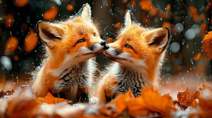 Foto op Canvas two small foxes on a lawn © Mikalai