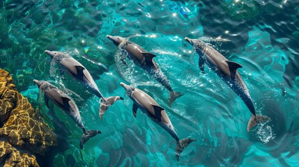 Dolphins Leaping in Waters. Pod of joyful dolphins leap through the sparkling, sunlit turquoise waters, exhibiting playfulness and freedom. - obrazy, fototapety, plakaty