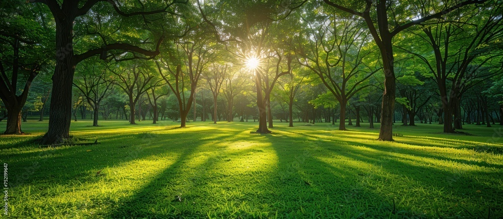 Poster The suns rays peek through the dense foliage of trees in a park, creating a play of light and shadows on the ground below.