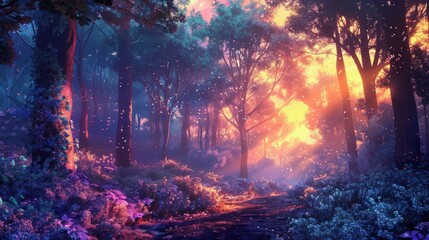 Fantasy forest with fog. Nature background.