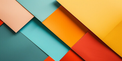 Colored planes abstract geometric background pattern. Pink, blue, green, orange, yellow colors. Abstract horizontal banner. Flat design style. Digital artwork raster bitmap. AI artwork.