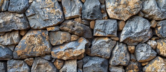 A closeup view of a stone wall made of rocks in varying shades of brown and gray.