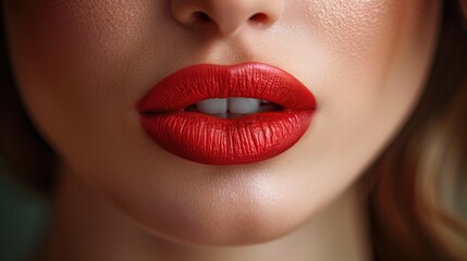 Fototapeta premium Sexy lips. Makeup detail of beauty scarlet lips. Beautiful makeup close-up. Sensual open mouth. lipstick or lip gloss. Cosmetology and makeup advertising concept.