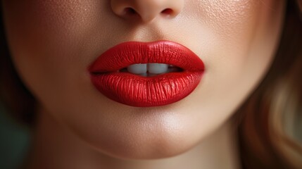 Fototapeta premium Sexy lips. Makeup detail of beauty scarlet lips. Beautiful makeup close-up. Sensual open mouth. lipstick or lip gloss. Cosmetology and makeup advertising concept.