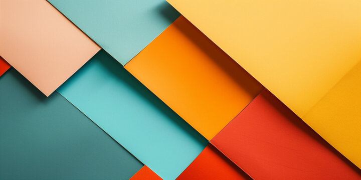 Colored planes abstract geometric background pattern. Pink, blue, green, orange, yellow colors. Abstract horizontal banner. Flat design style. Digital artwork raster bitmap. AI artwork. - Powered by Adobe