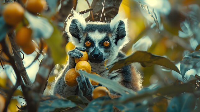 Lemurs Eating Fruit. Group of curious ring-tailed lemurs is caught in a candid moment, enjoying fruit among the vibrant foliage of their tree-filled habitat.