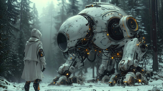 Snowy Encounter, a man in a cloak faces a large robot with blur and bokeh effect