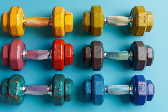 Colorful painted dumbbells on turquoise background. Fitness, healthy lifestyle, bodybuilding and diversity concept. Poster painted with rainbow colors.