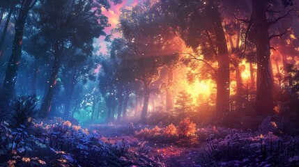 Fantasy forest with fog and sun rays.